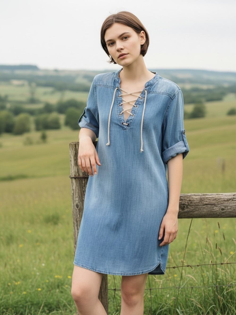 Anthropologie Cloth & Stone Light Blue Lace Up Denim Mini Dress Coverup Size XS